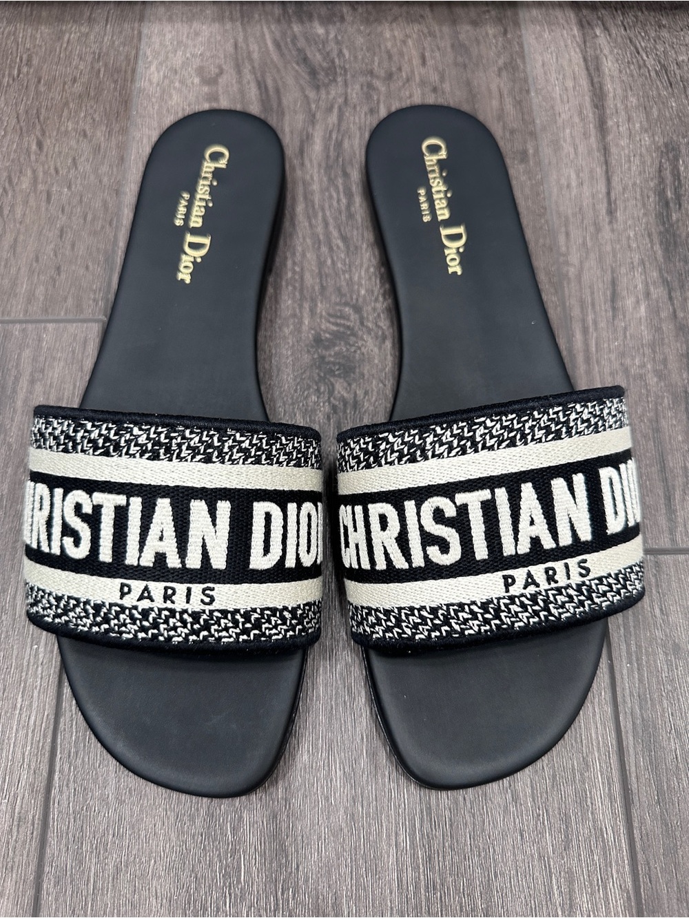 NEW Christian Dior DWAY BLACK WHITE FABRIC Slides SANDALS SHOES size 39